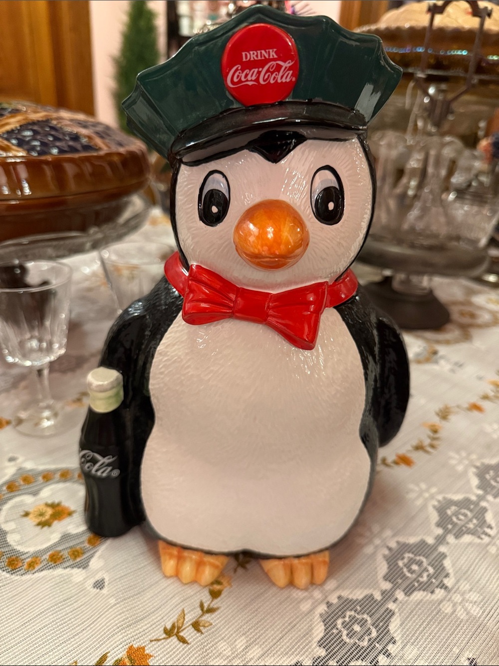 Coca Cola Black & White Penguin Cookie Jar with Red Bow and Green Cap